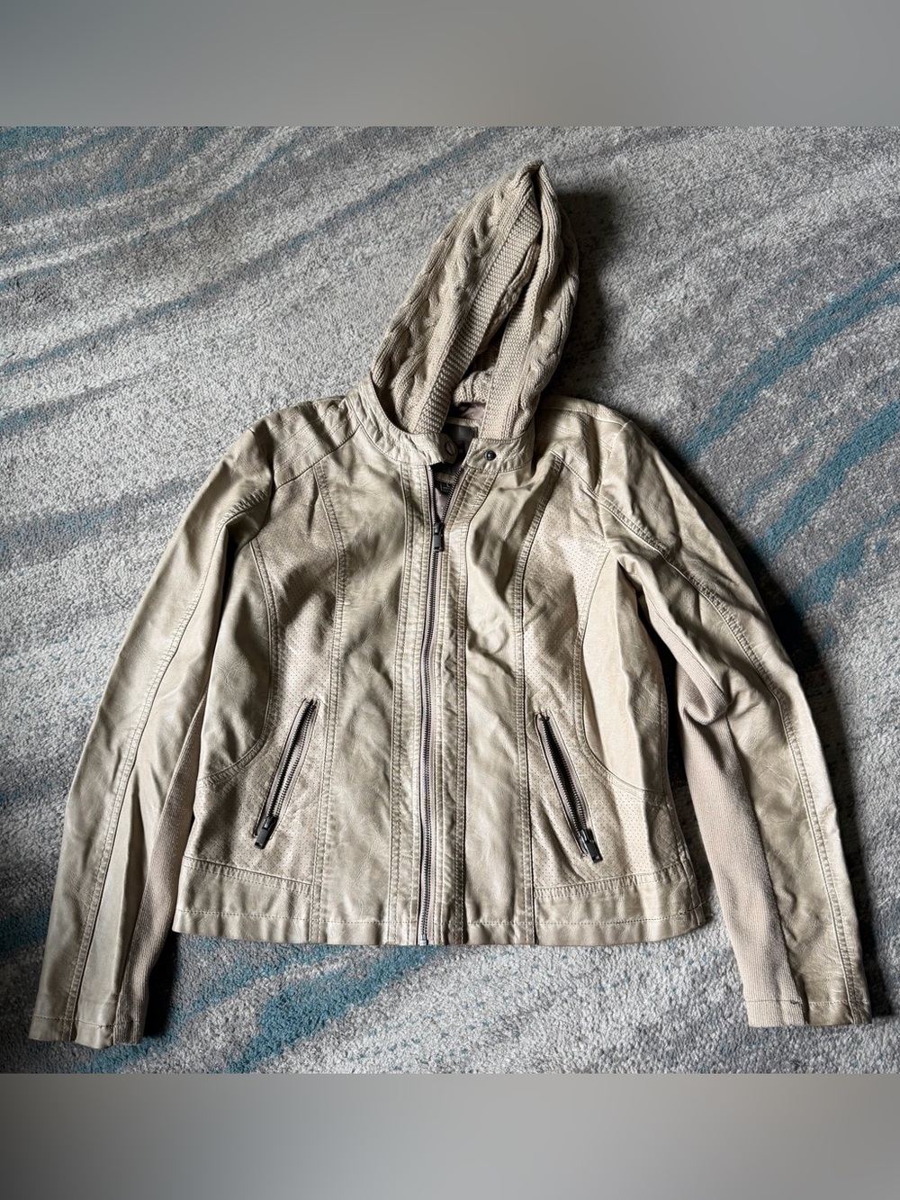 Maurices Size L Beige Hooded Faux Leather Jacket